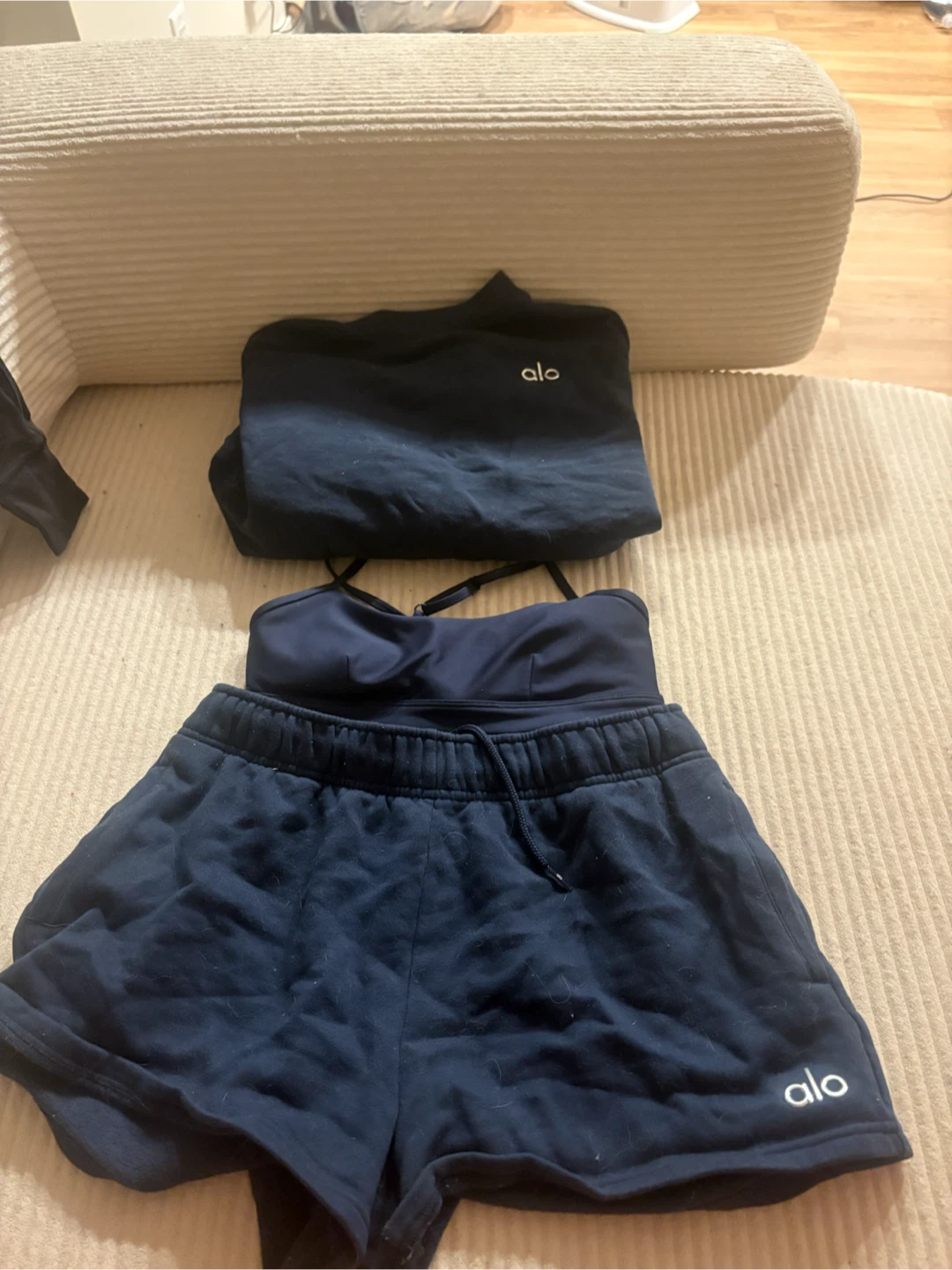 Alo Yoga Navy Blue Sweatshirt, Shorts & Bralette Set