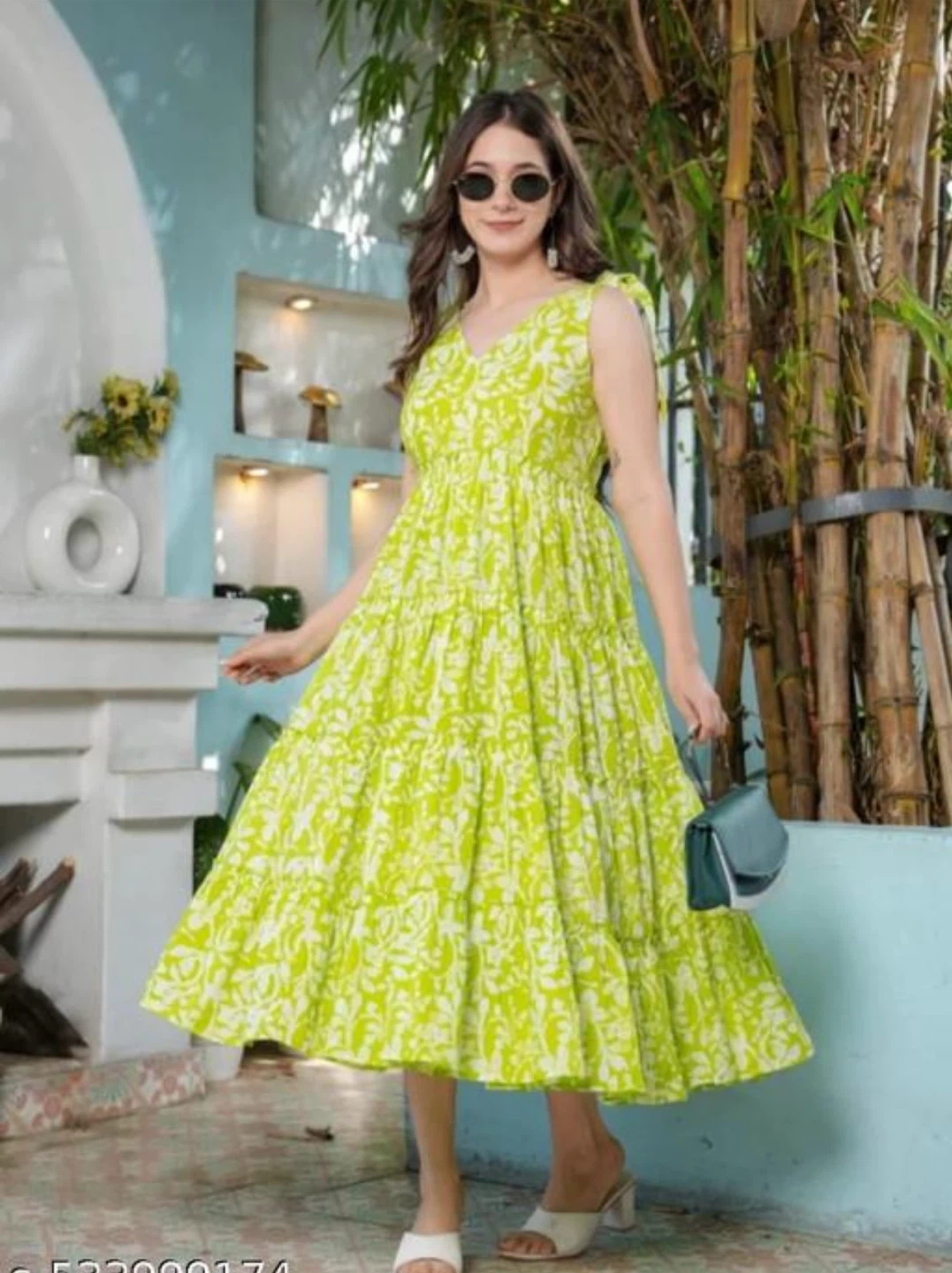 Lime colour Sleeveless  Dress in cotton