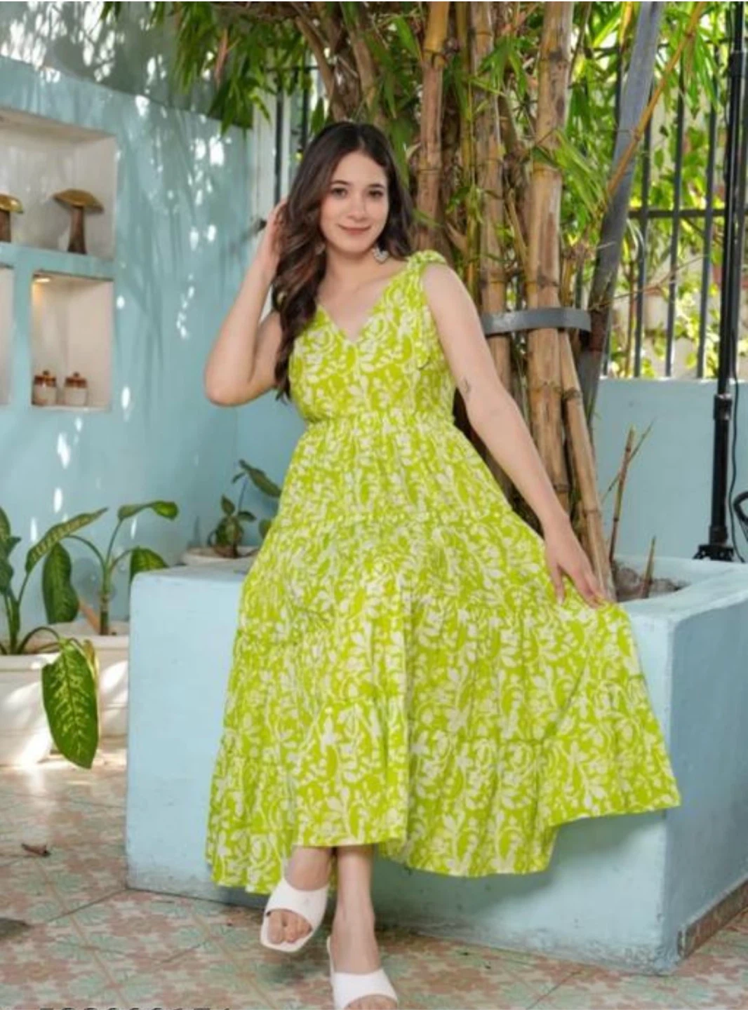 Lime colour Sleeveless  Dress in cotton - photo 3