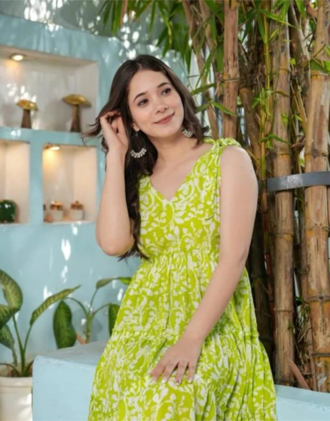 Lime colour Sleeveless  Dress in cotton - photo 4