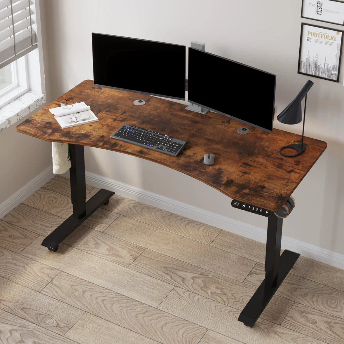 Adjustable Standing Desk with Wood Grain Finish