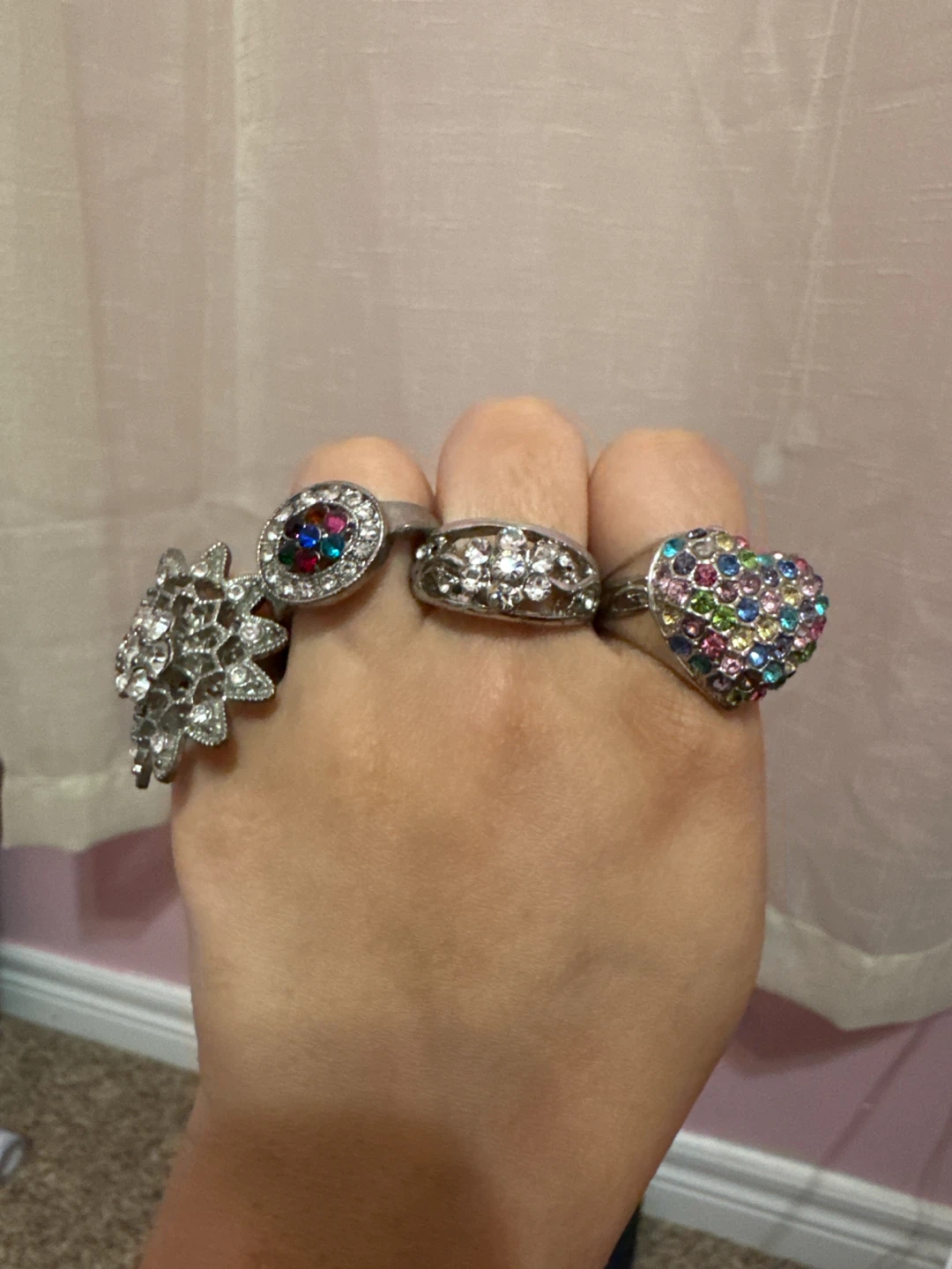 Set of 4 Rings - Flower, Heart, and Sparkly Designs