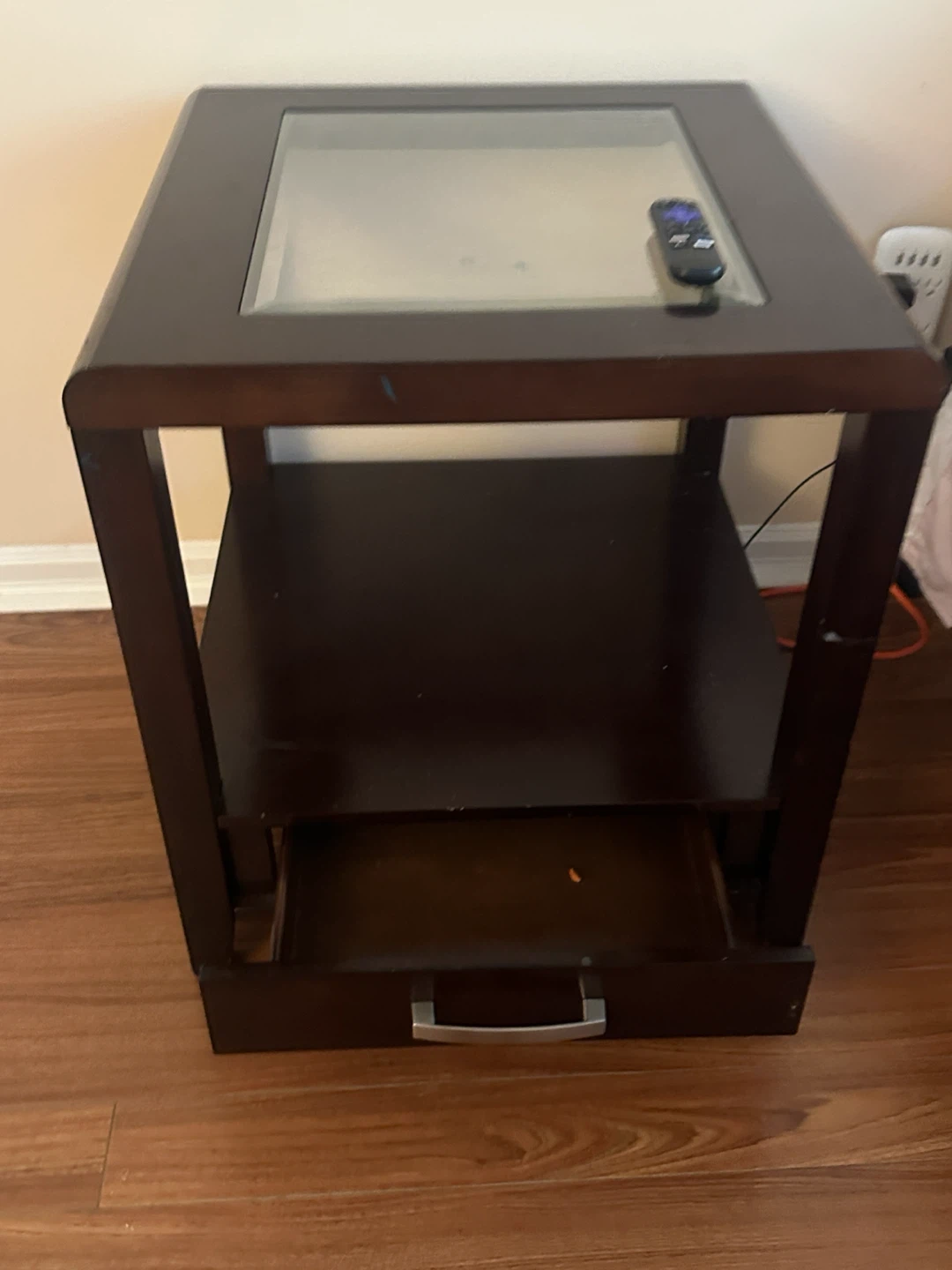 Dark Wood End Table with Glass Top and Drawer