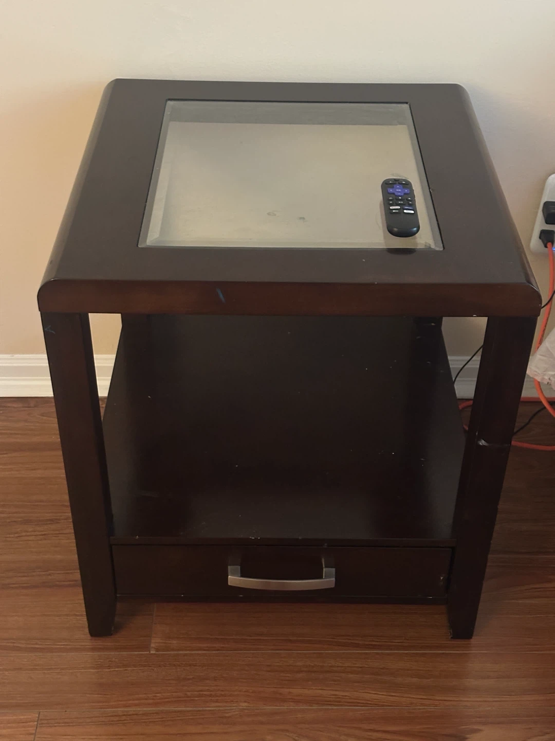 Dark Wood End Table with Glass Top and Drawer - photo 2