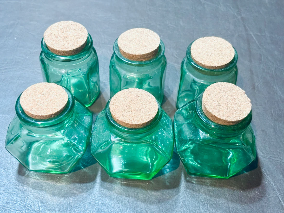6 Green Glass Jars with Cork Lids