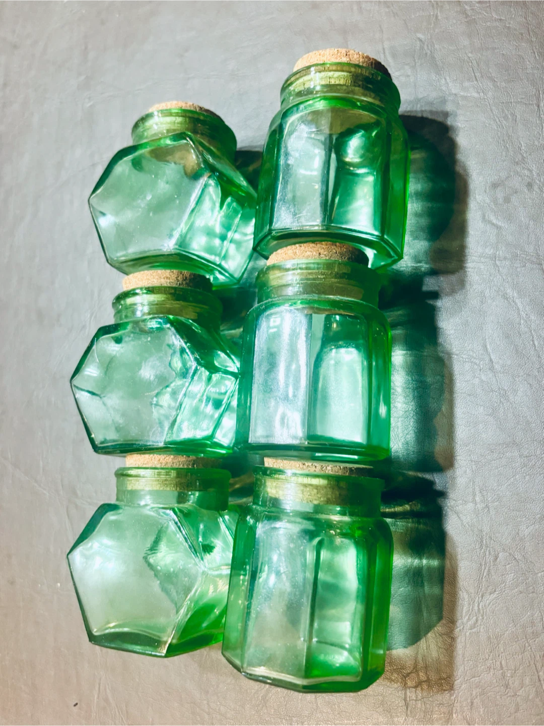 6 Green Glass Jars with Cork Lids - photo 2