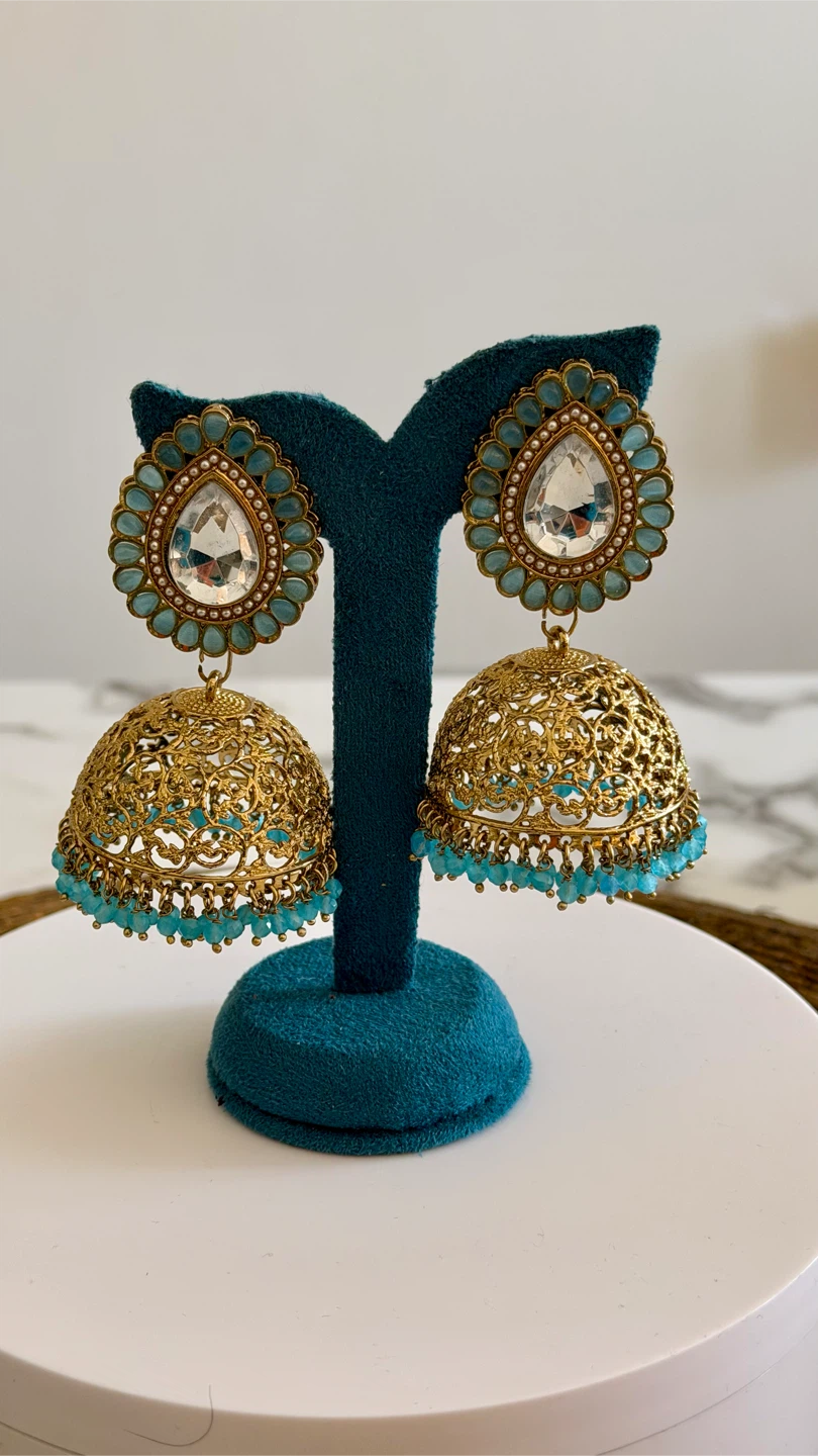 Gold Jhumka Earrings with Teal Beads