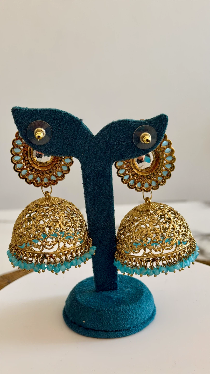 Gold Jhumka Earrings with Teal Beads - photo 2