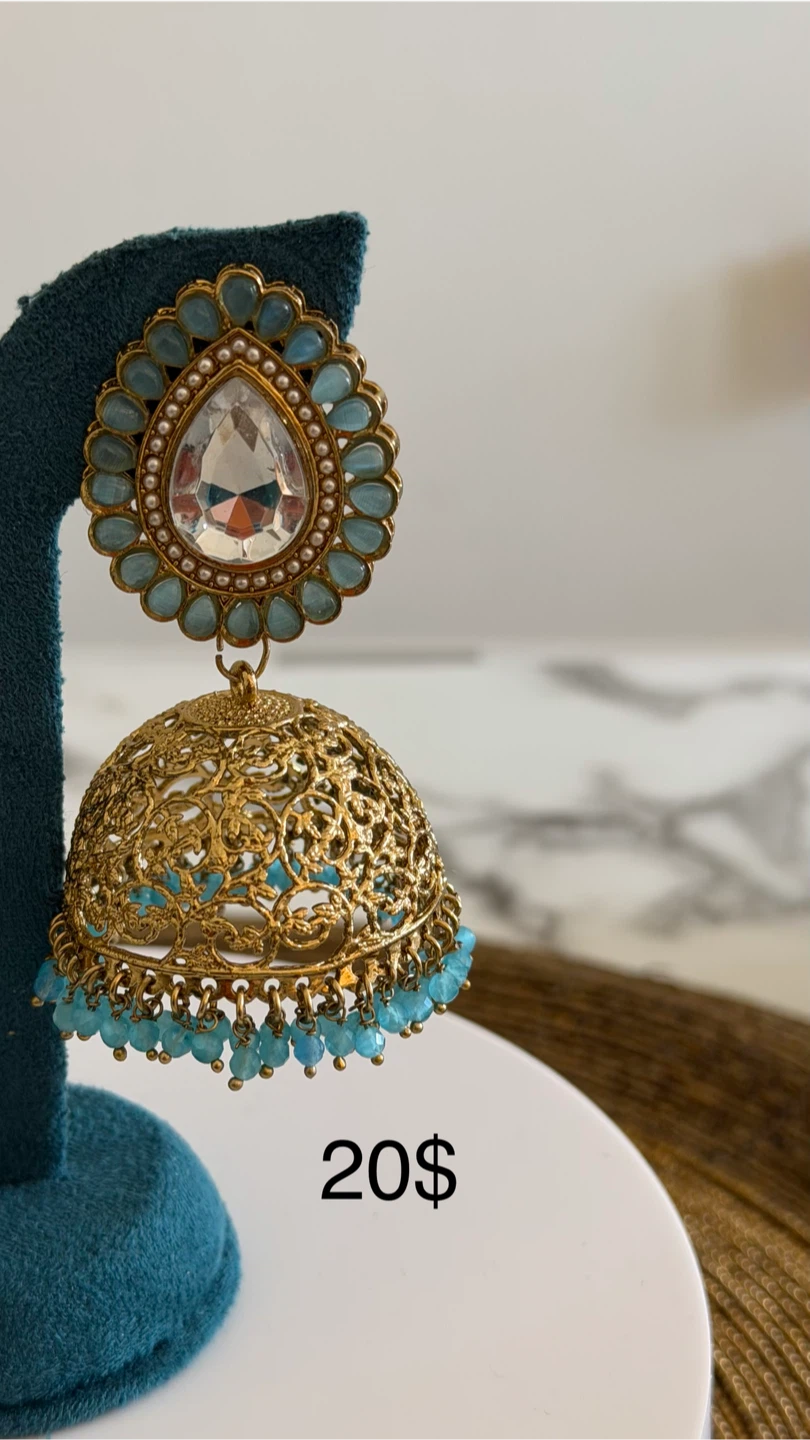 Gold Jhumka Earrings with Teal Beads - photo 3
