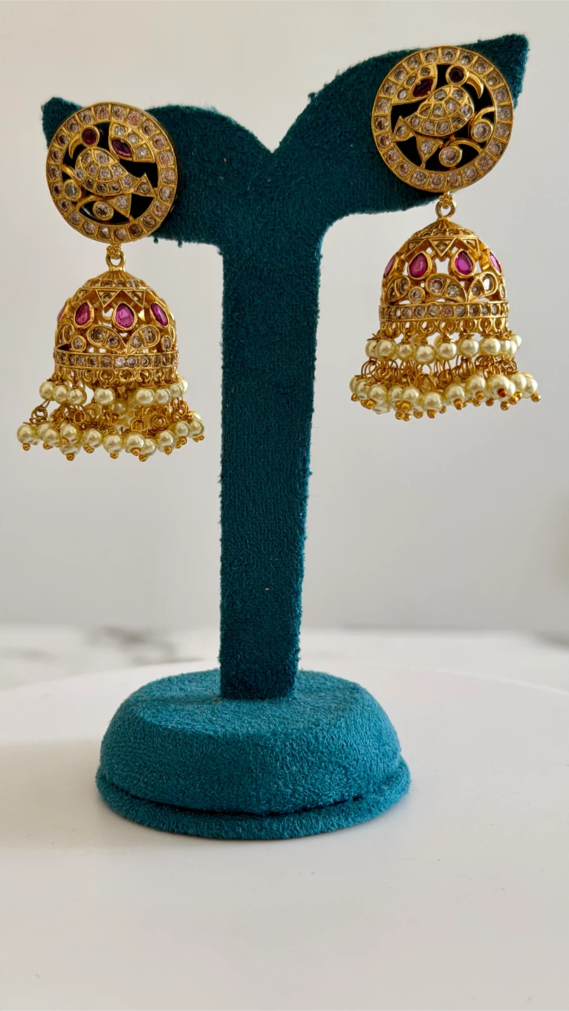 Gold Jhumka Earrings with Pearls and Red Stones
