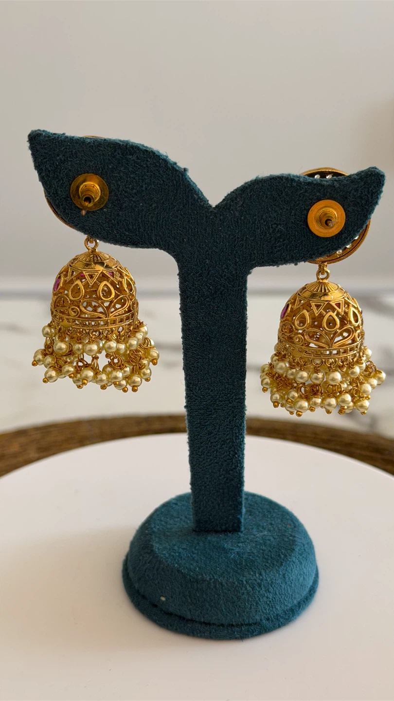 Gold Jhumka Earrings with Pearls and Red Stones - photo 2