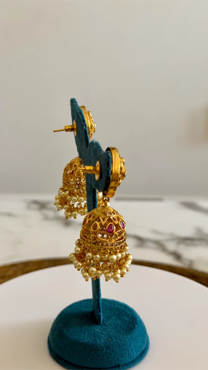 Gold Jhumka Earrings with Pearls and Red Stones - photo 3
