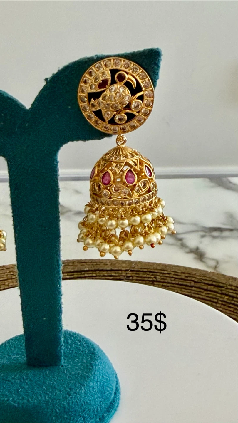 Gold Jhumka Earrings with Pearls and Red Stones - photo 4