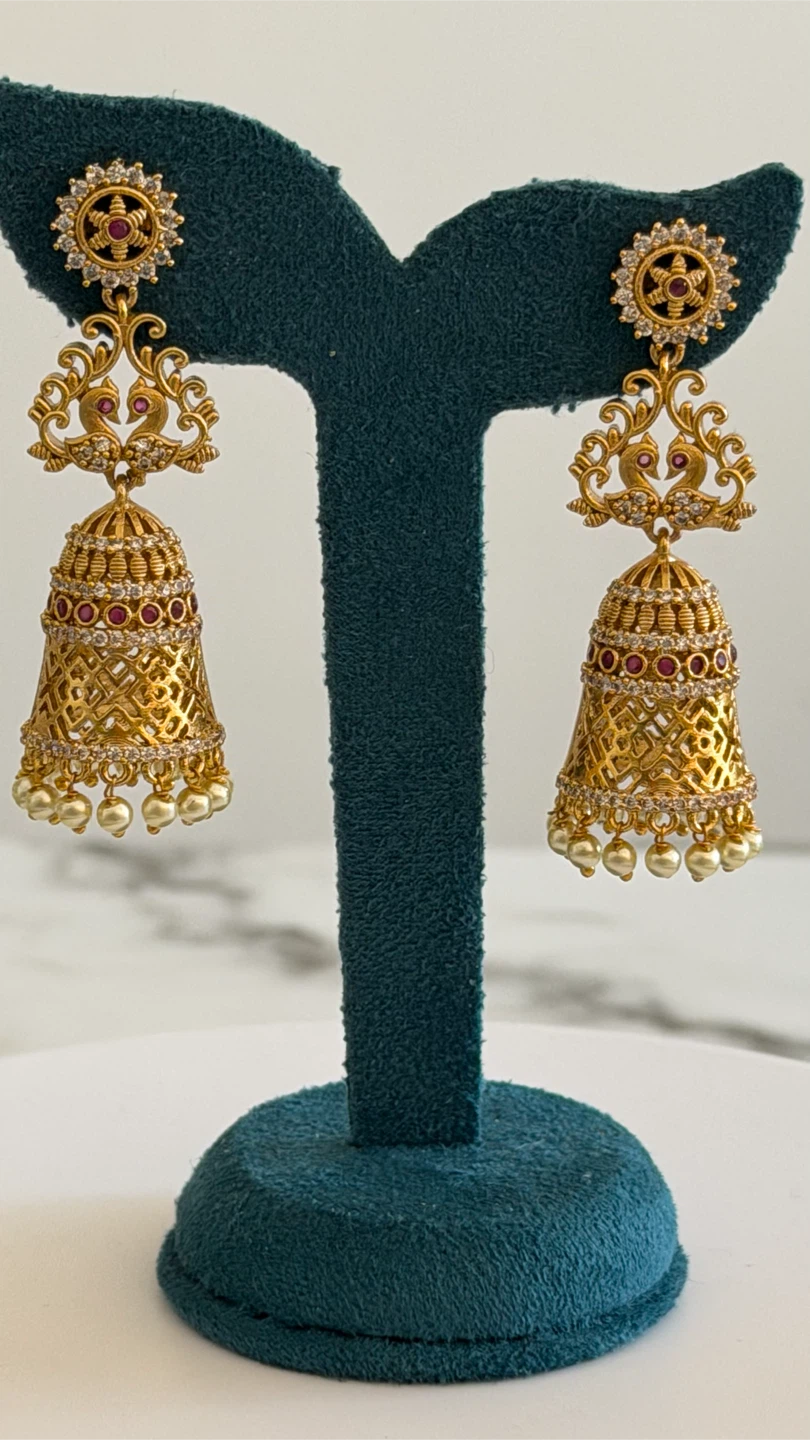 Gold Jhumka Earrings with Pearl Drops