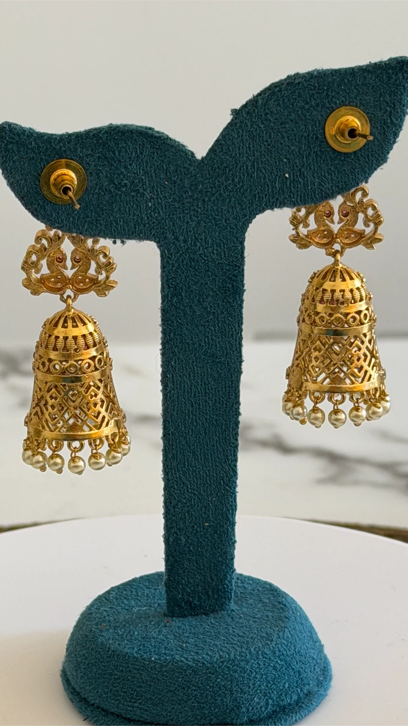 Gold Jhumka Earrings with Pearl Drops - photo 2