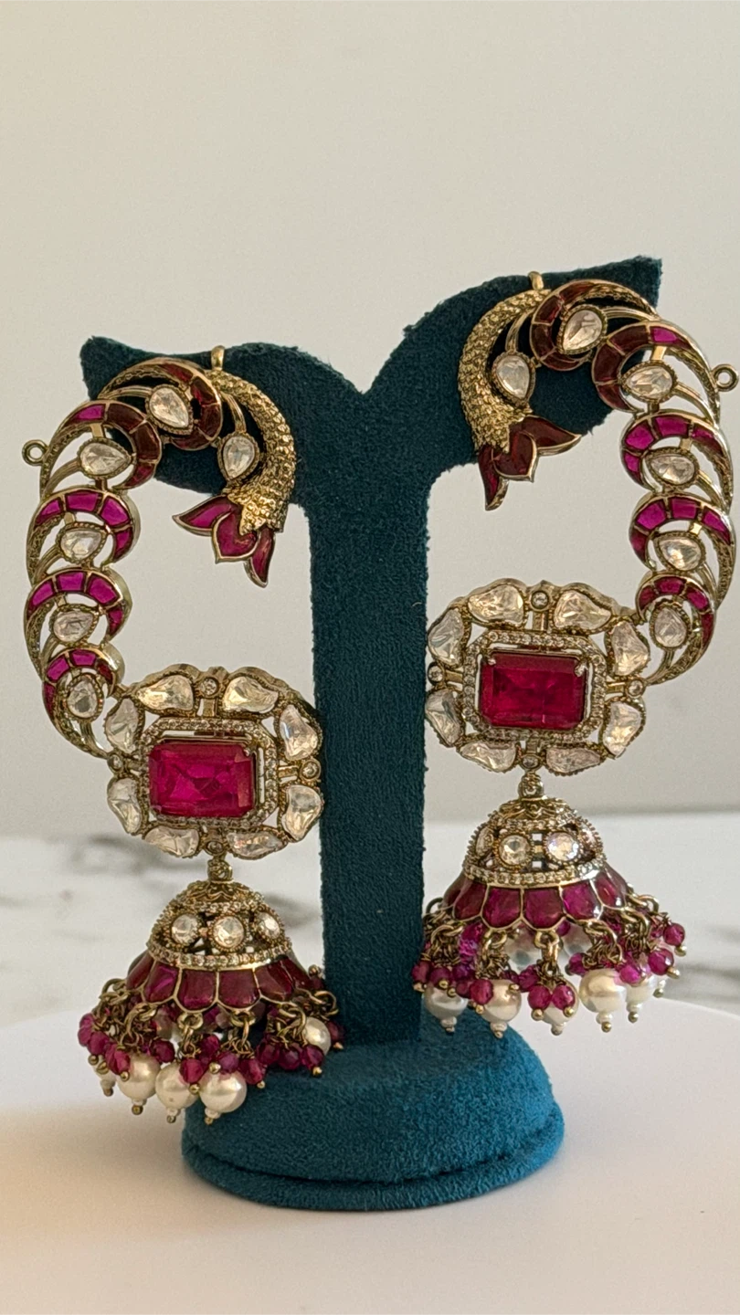 Gold Jhumka Earrings with Ruby and moissanite and White Stones