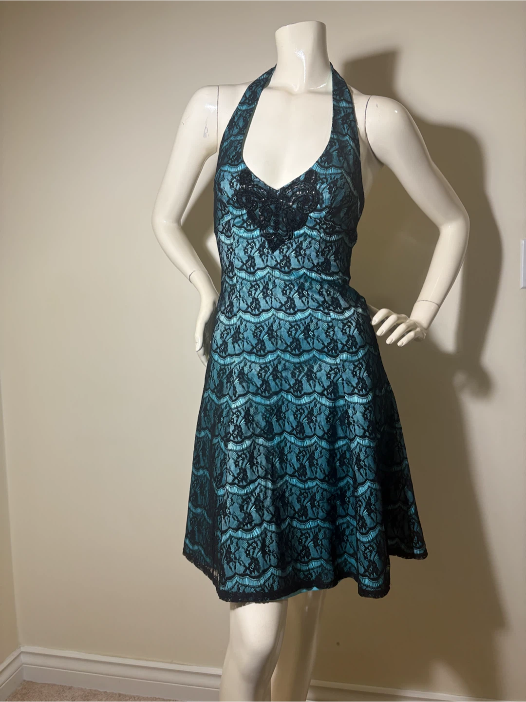 Jane Norman Y2K Black Lace Mint Satin Beaded Halter Dress XS - photo 2