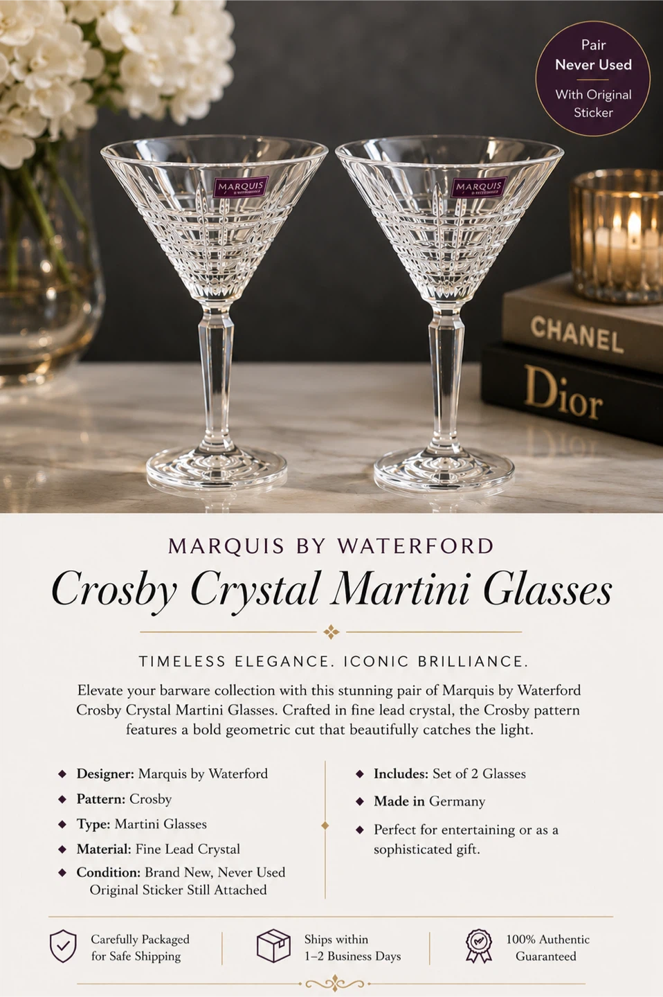 Marquis by Waterford Crosby Crystal Martini Glasses (Set of 2)