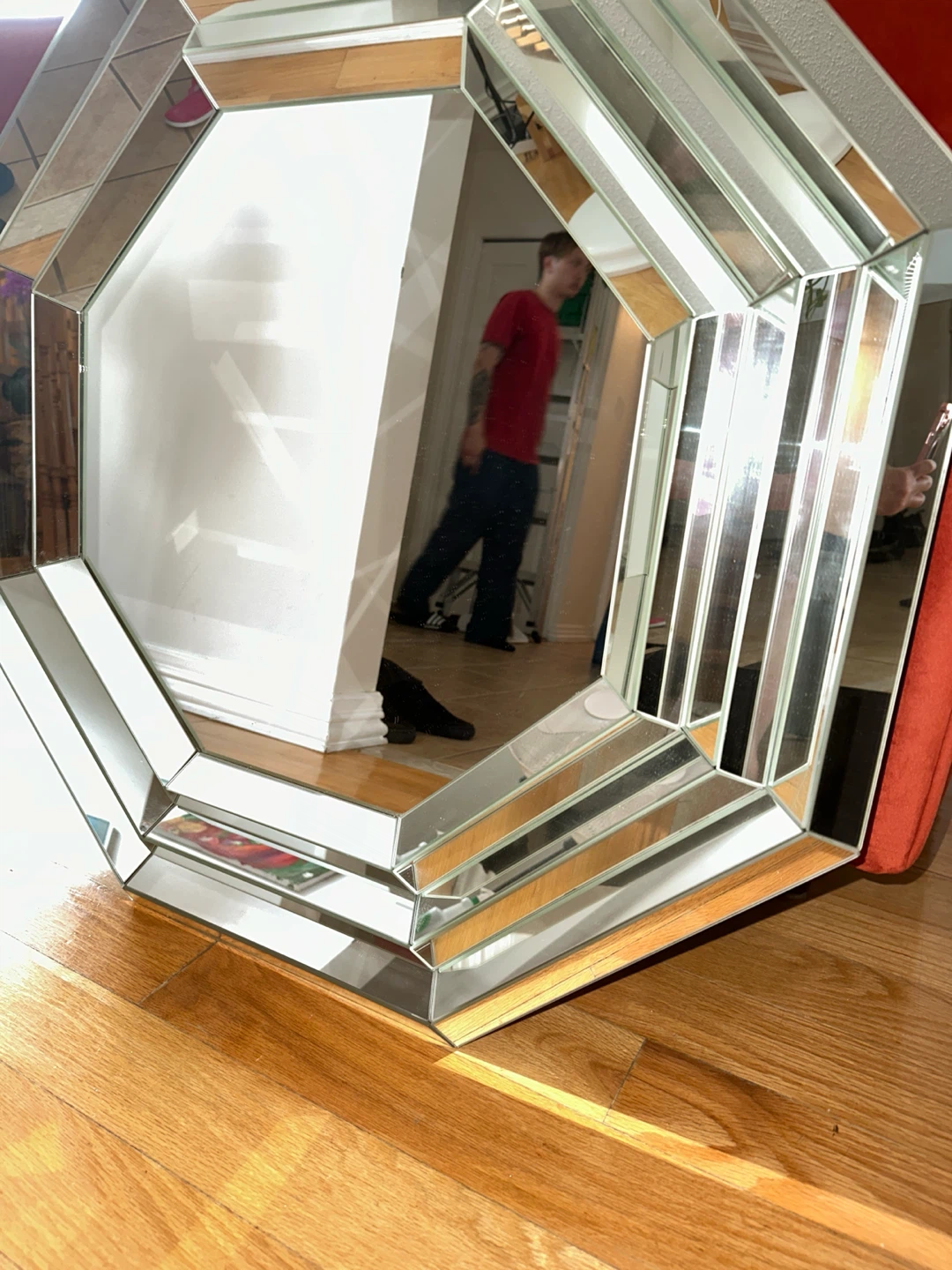 Octagonal Mirrored Wall Art with Wood Accents