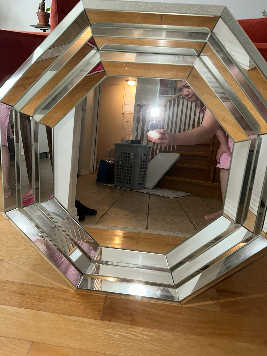 Octagonal Mirrored Wall Art with Wood Accents - photo 3