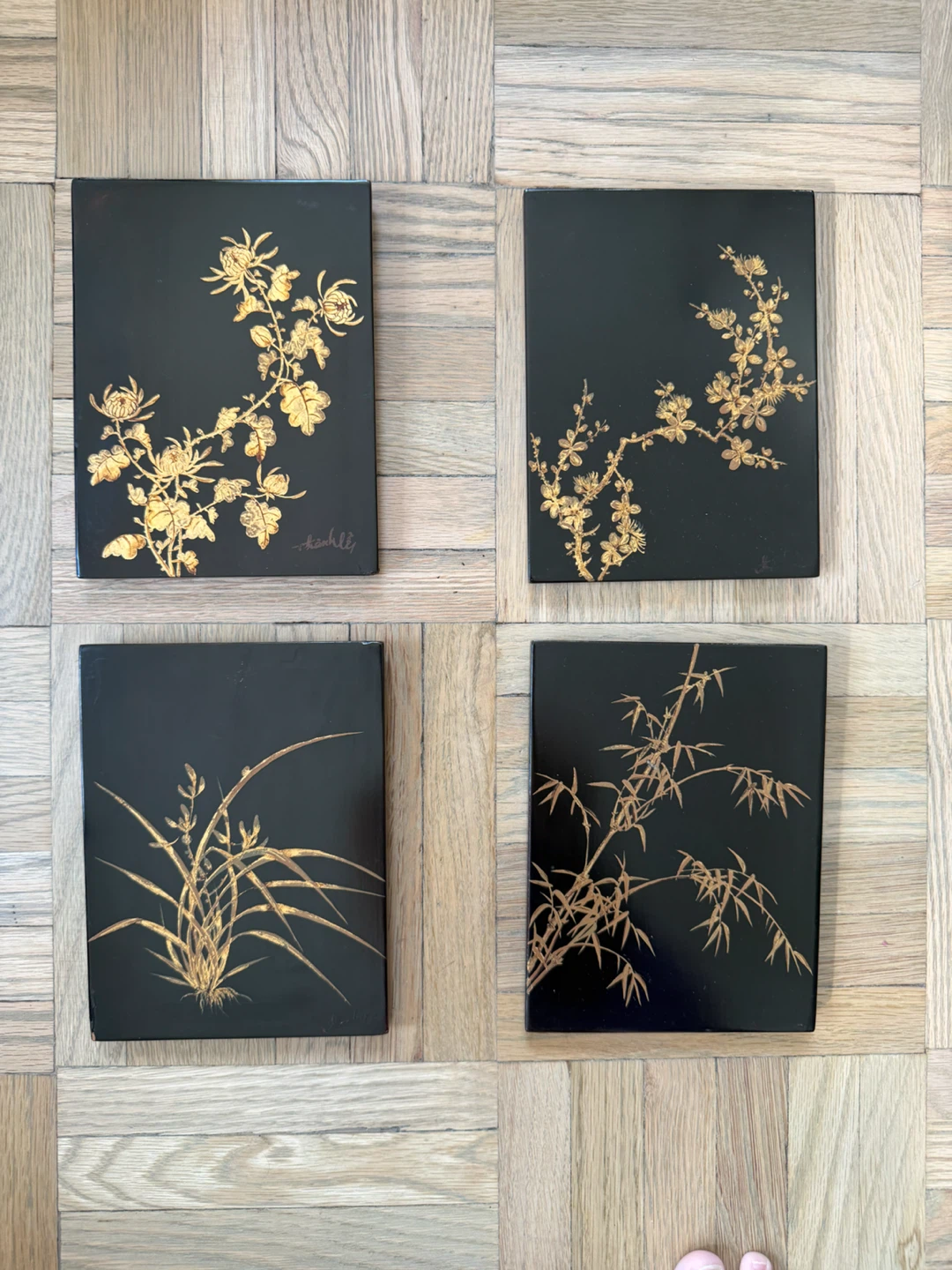Vietnamese Vintage 1950-1960s Black Lacquer Wall Panels Gold