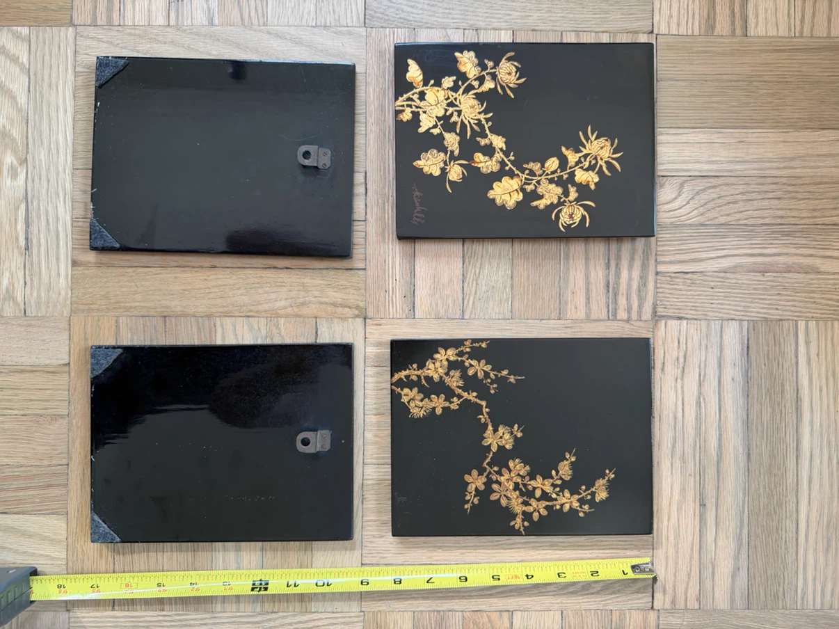 Vietnamese Vintage 1950-1960s Black Lacquer Wall Panels Gold - photo 2
