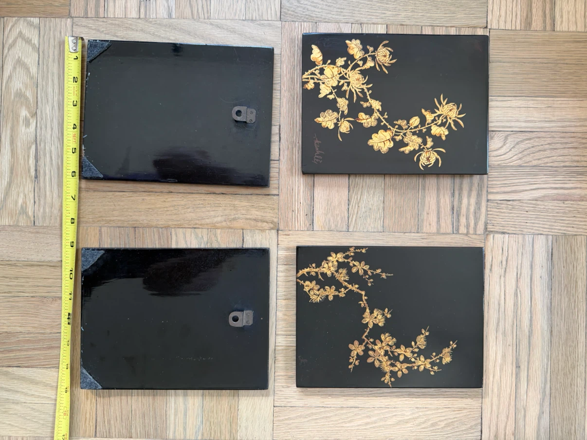 Vietnamese Vintage 1950-1960s Black Lacquer Wall Panels Gold - photo 3