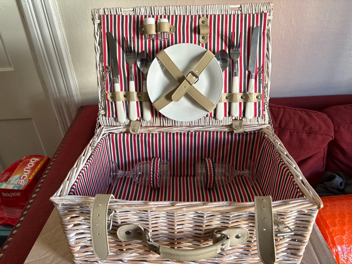 Wicker Picnic Basket with Utensils and Plastic Glasses