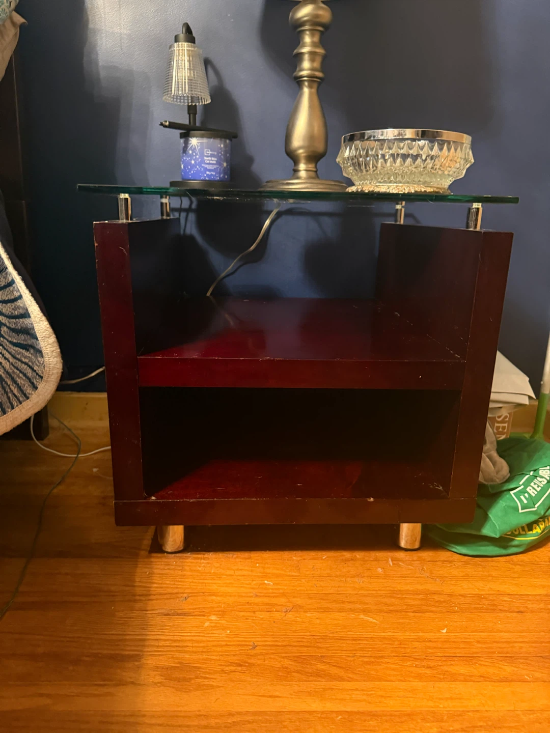 Wooden Nightstand with Glass Shelf