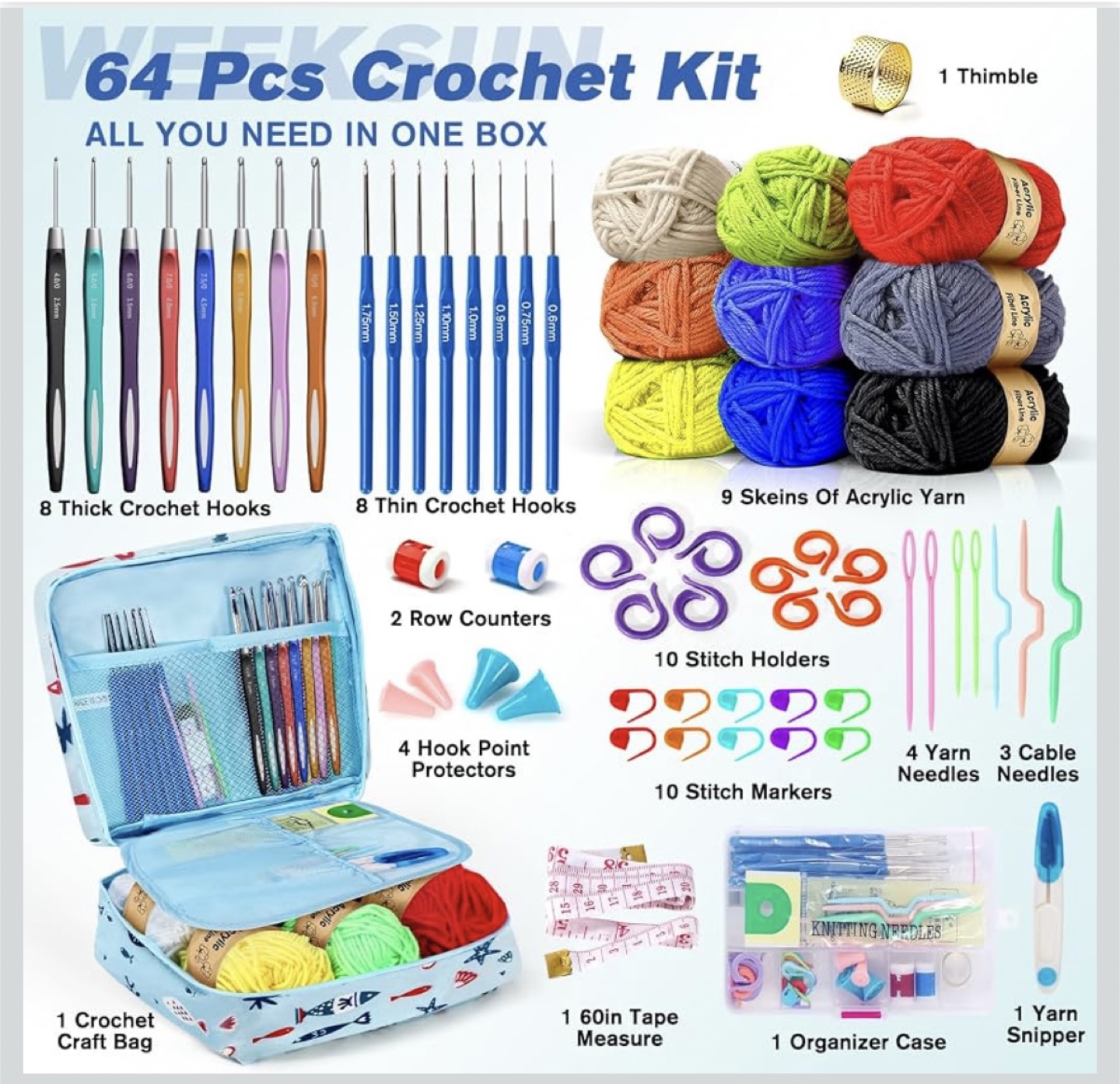 64 Pcs Crochet Kit with Bag and Yarn 2 for $20