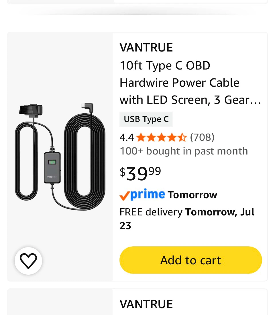 Vantrue 10ft Type C OBD Hardwire Power Cable