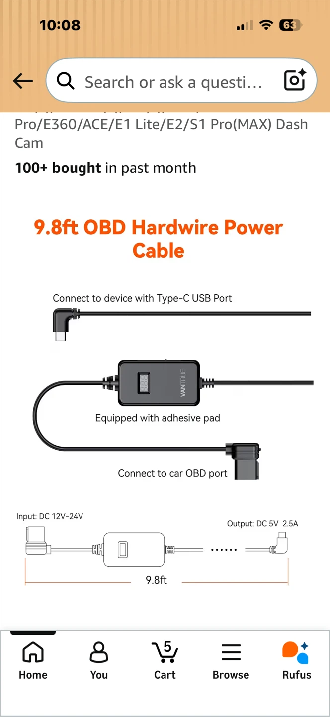 Vantrue 10ft Type C OBD Hardwire Power Cable - photo 3