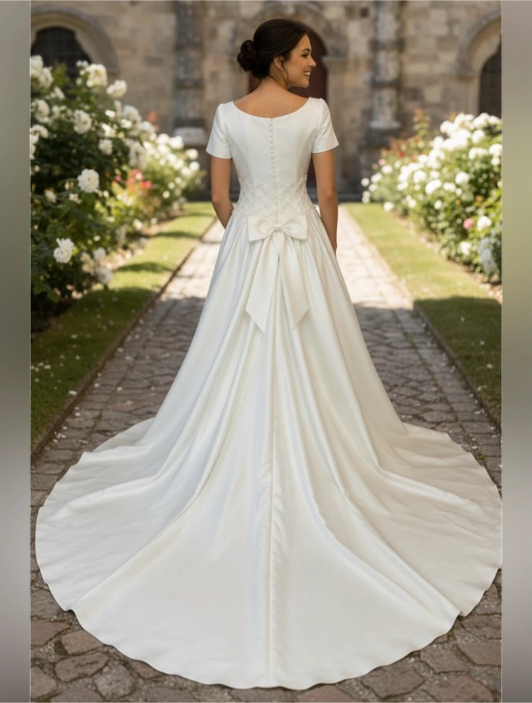 Vintage Wedding Dress Elegant White Satin Bow Back and Train