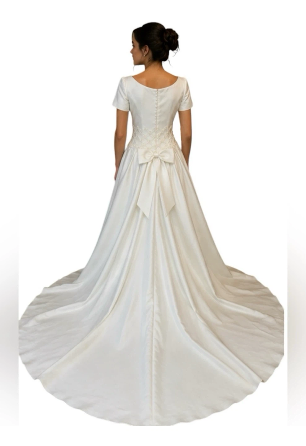 Vintage Wedding Dress Elegant White Satin Bow Back and Train - photo 2