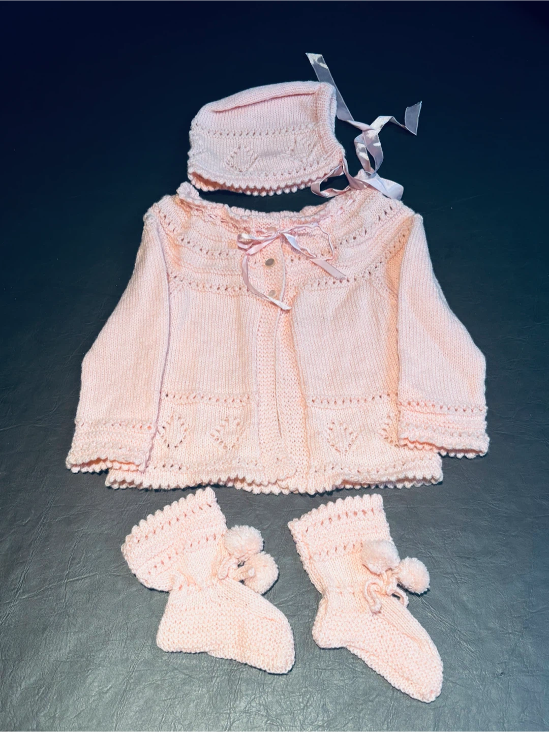 Hand-Knit Baby Girl Pink Outfit (Cardigan, Bonnet, Booties)