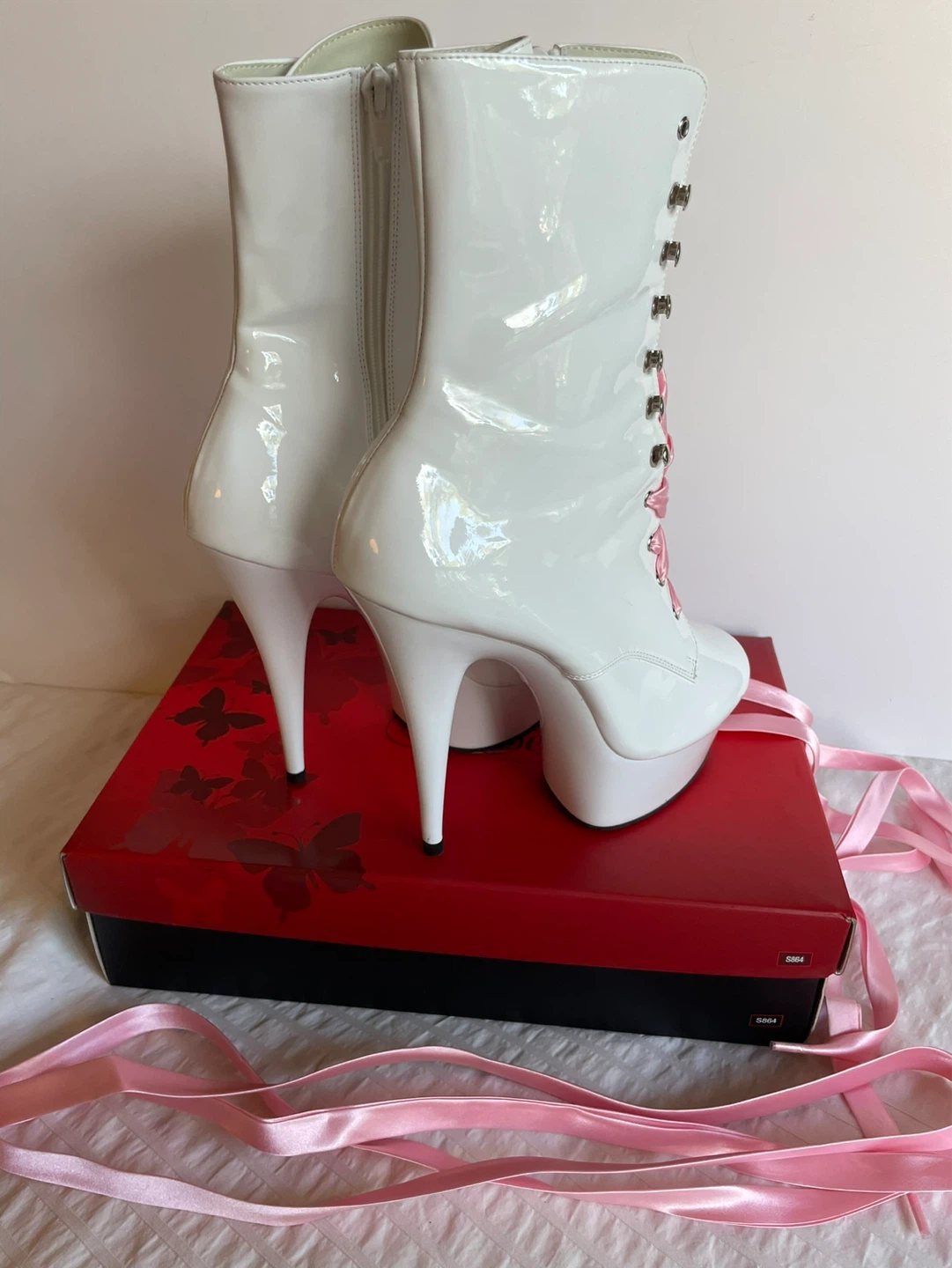 White Patent Pleaser Platform Boots with Pink Laces Size 10