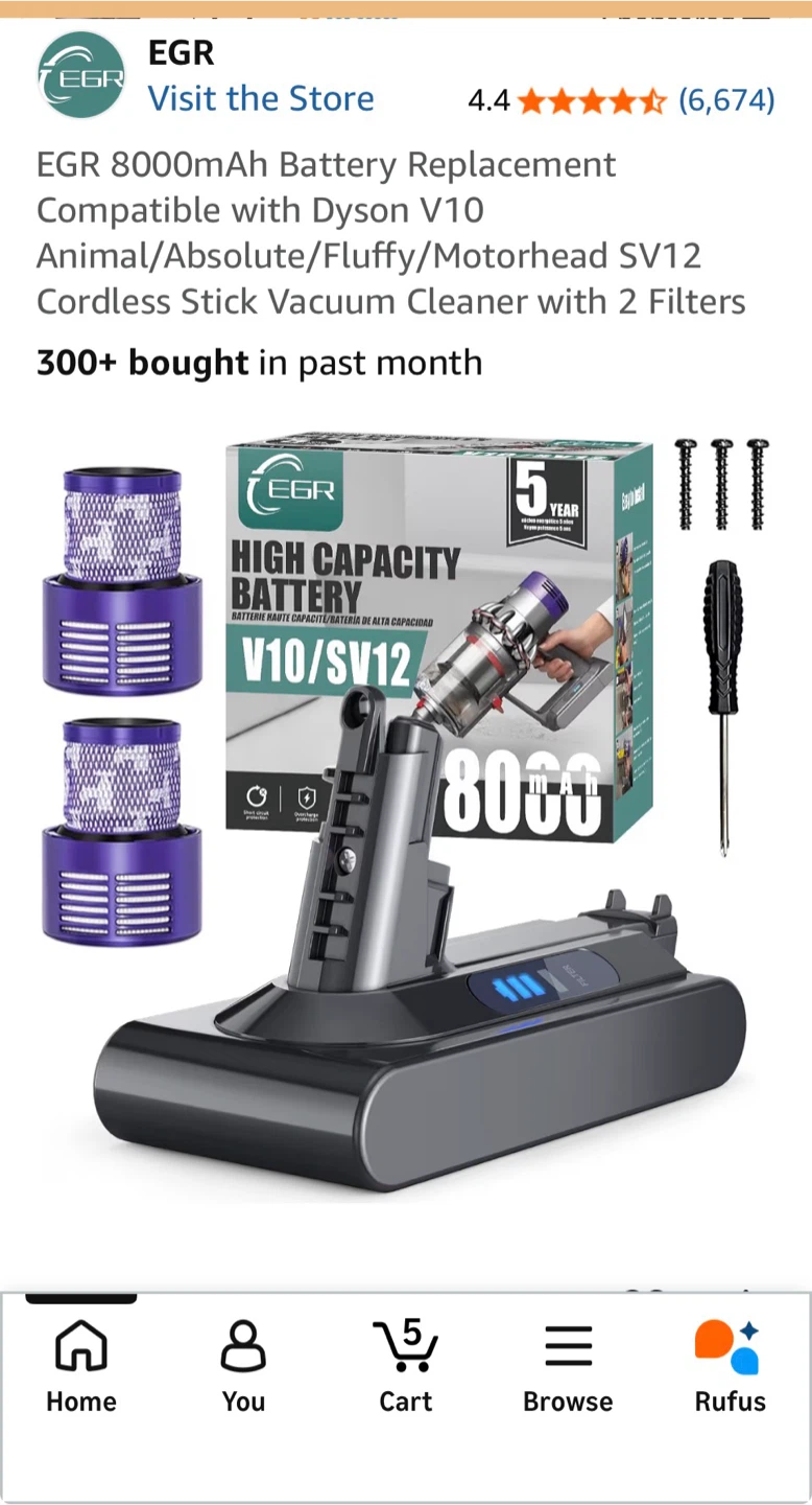 EGR 8000mAh Battery Replacement for Dyson V10 Cordless Vacuum