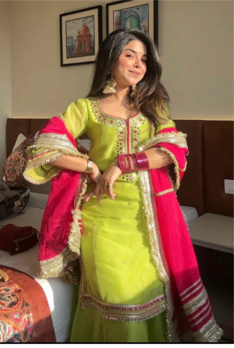 Lime Green & Pink Sharara Suit Set-Brand new - photo 2