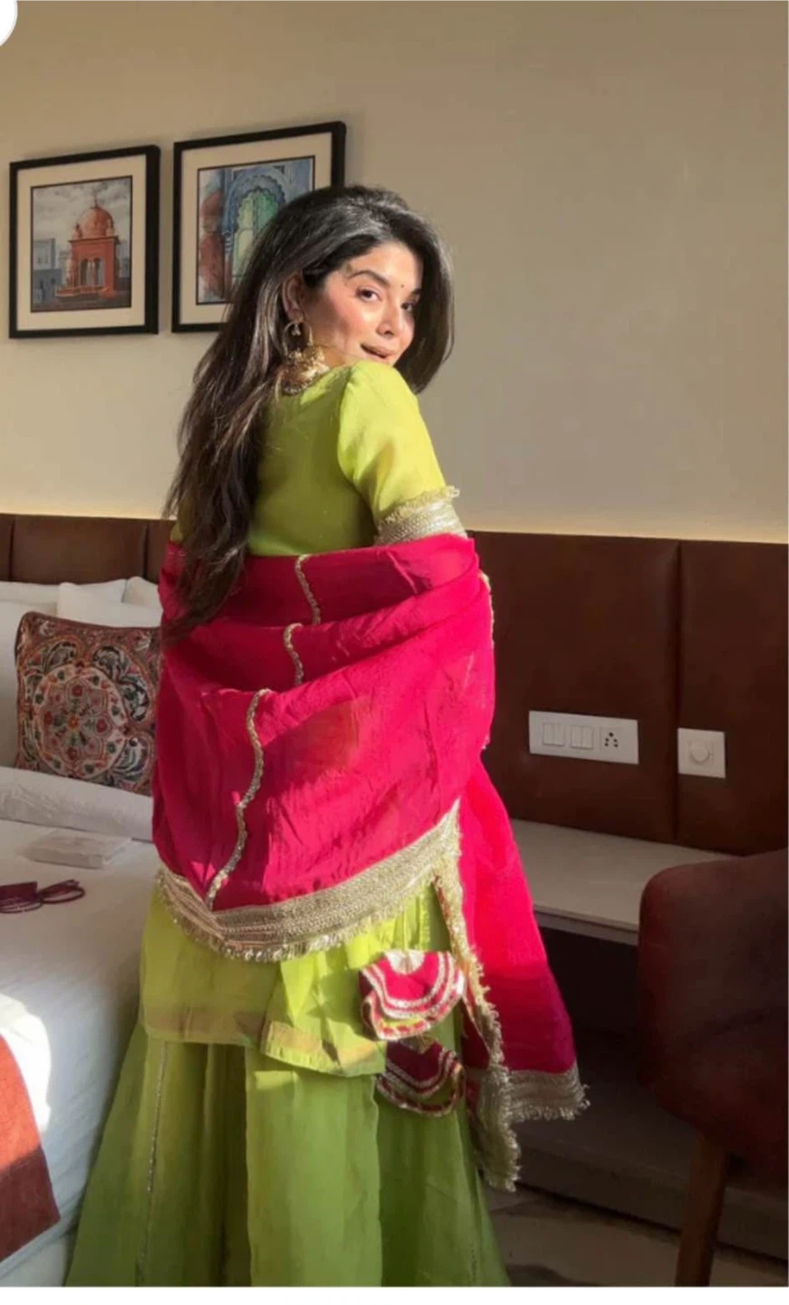 Lime Green & Pink Sharara Suit Set-Brand new - photo 3