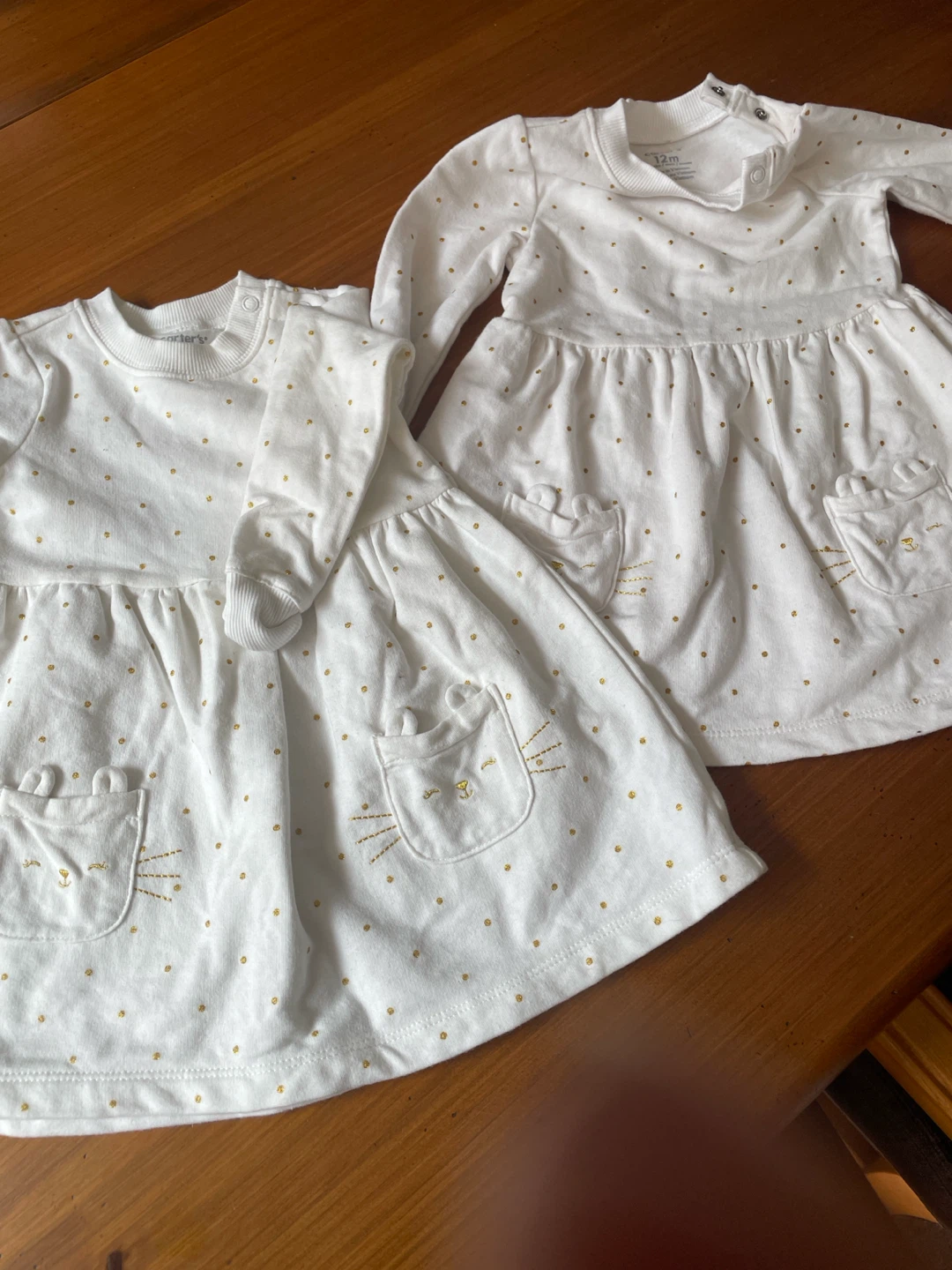 Carter's White Gold Dot Cat Dresses - 12m
