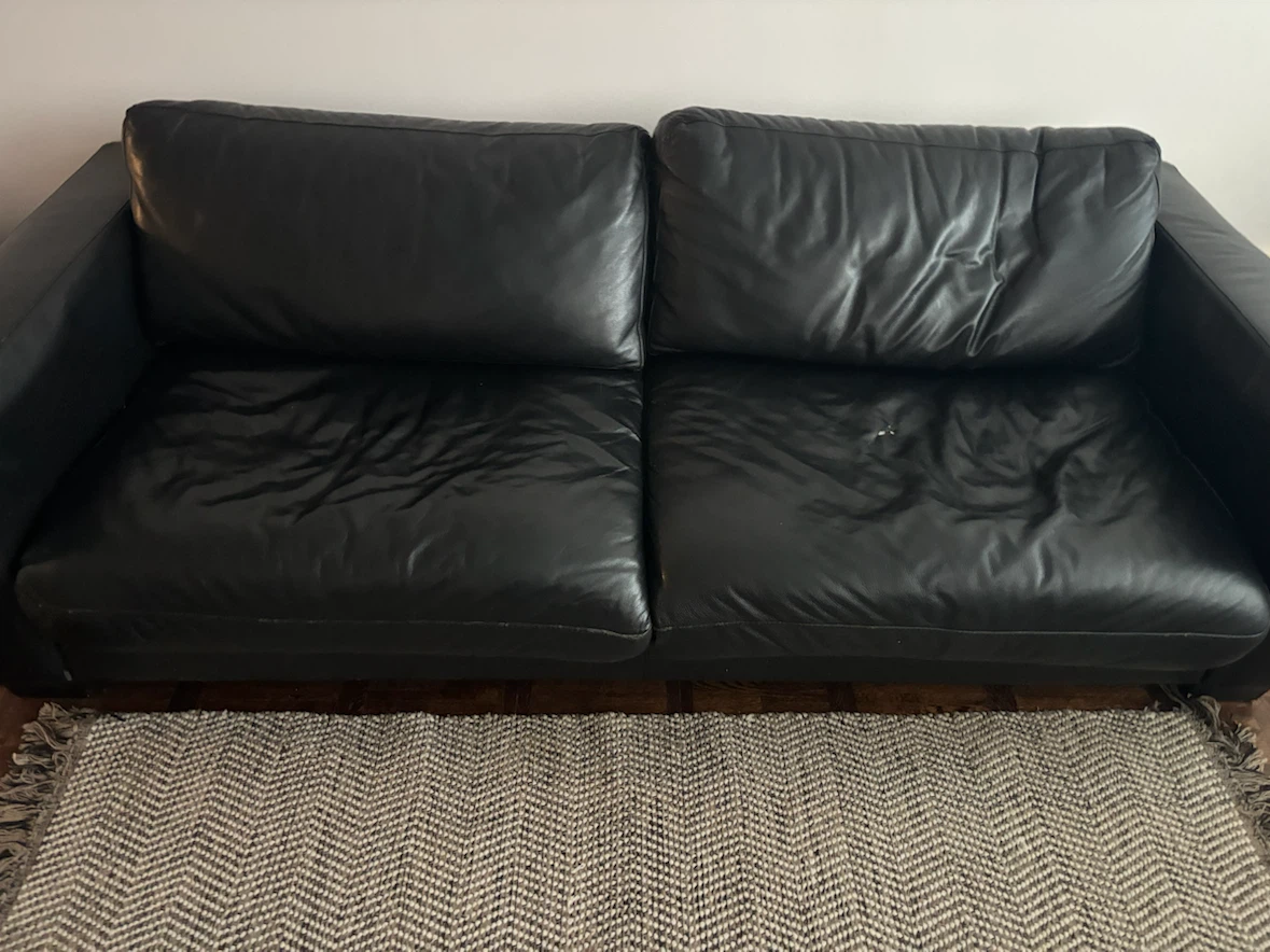 Black Leather Couch + Armchair + rug
