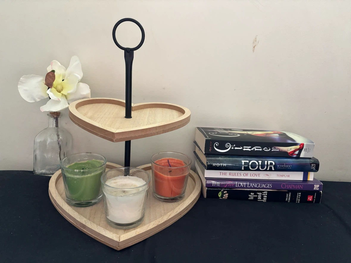 Heart Shaped 2-Tiered Serving Tray with Candles and Books