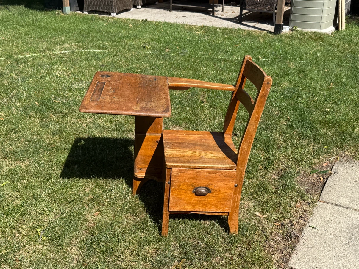Antique Wooden High School Desk with Storage