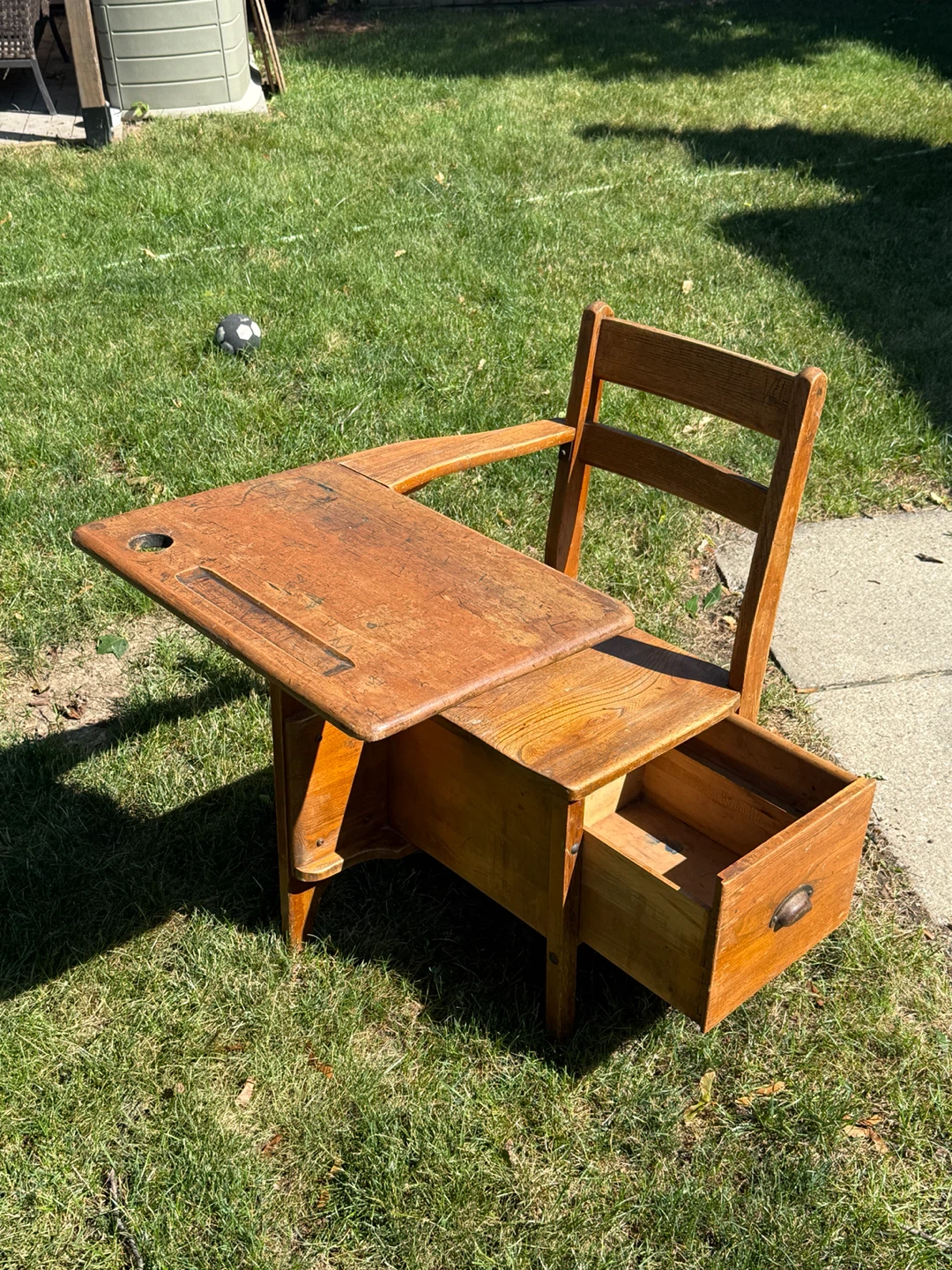 Antique Wooden High School Desk with Storage - photo 2