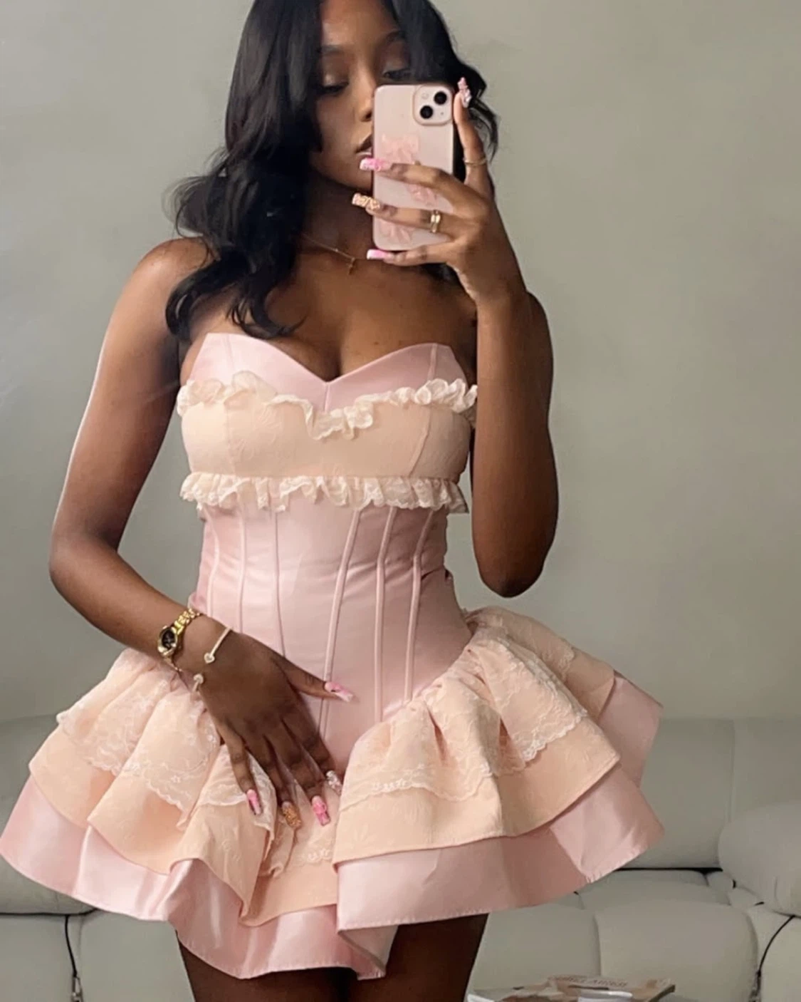 Wet Avocado Pink Ruffled Corset Dress