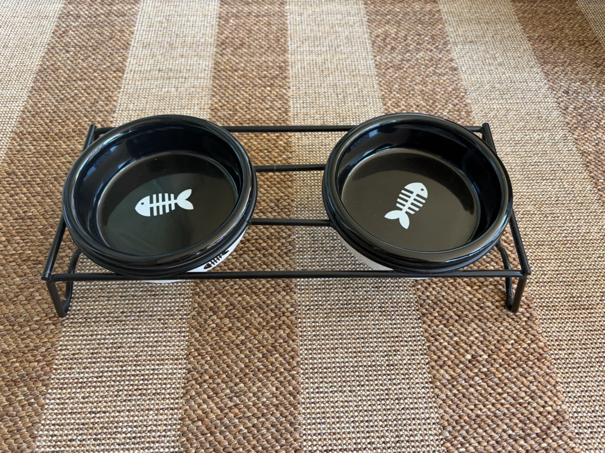Ceramic Cat Bowls with Metal Stand
