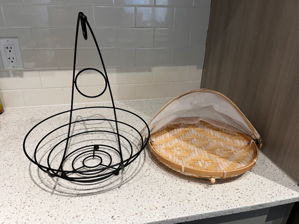 Black Wire Fruit Basket and Bamboo Food Cover