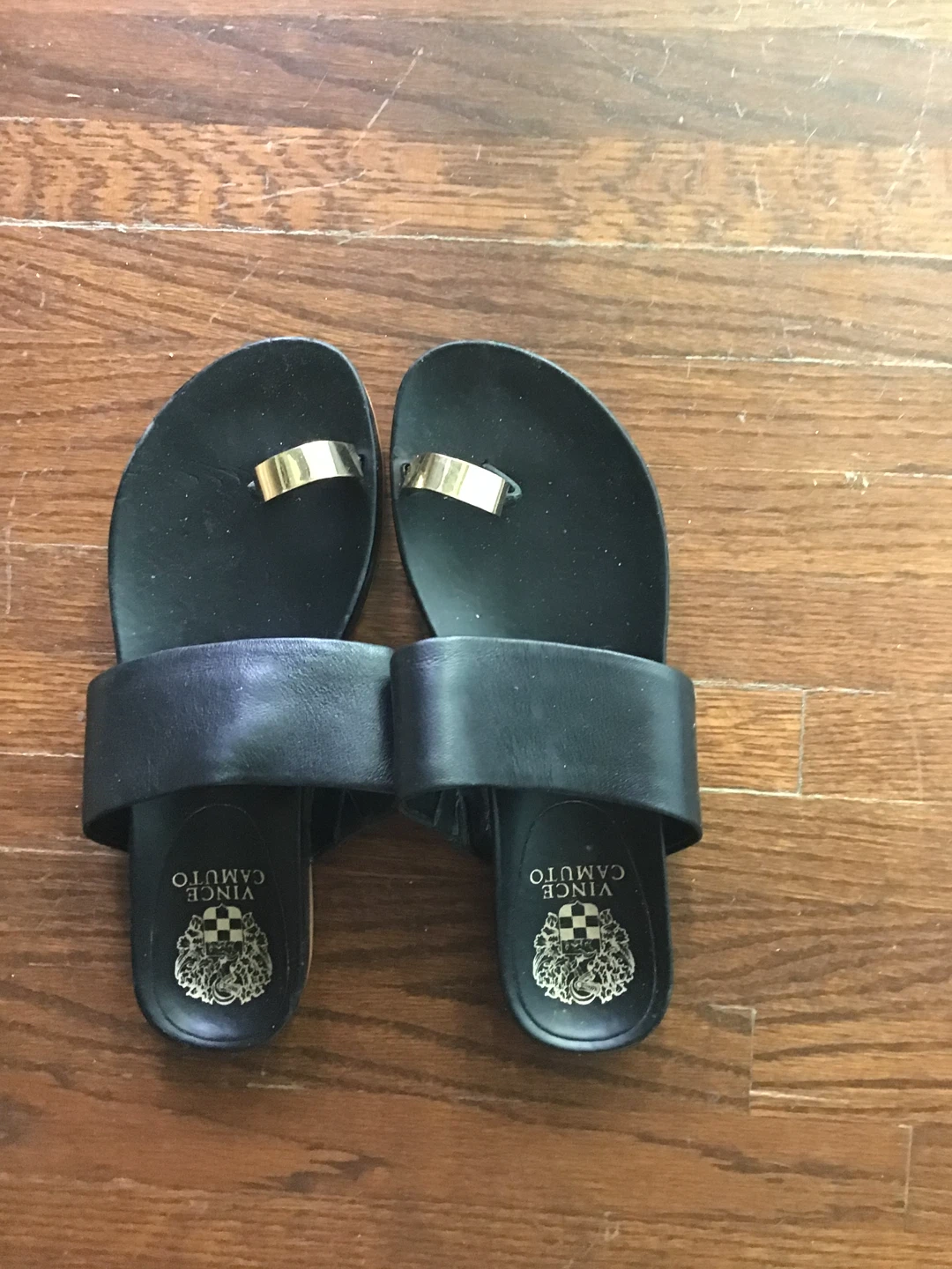 Vince Camuto Black Thong Sandals with Gold Detail