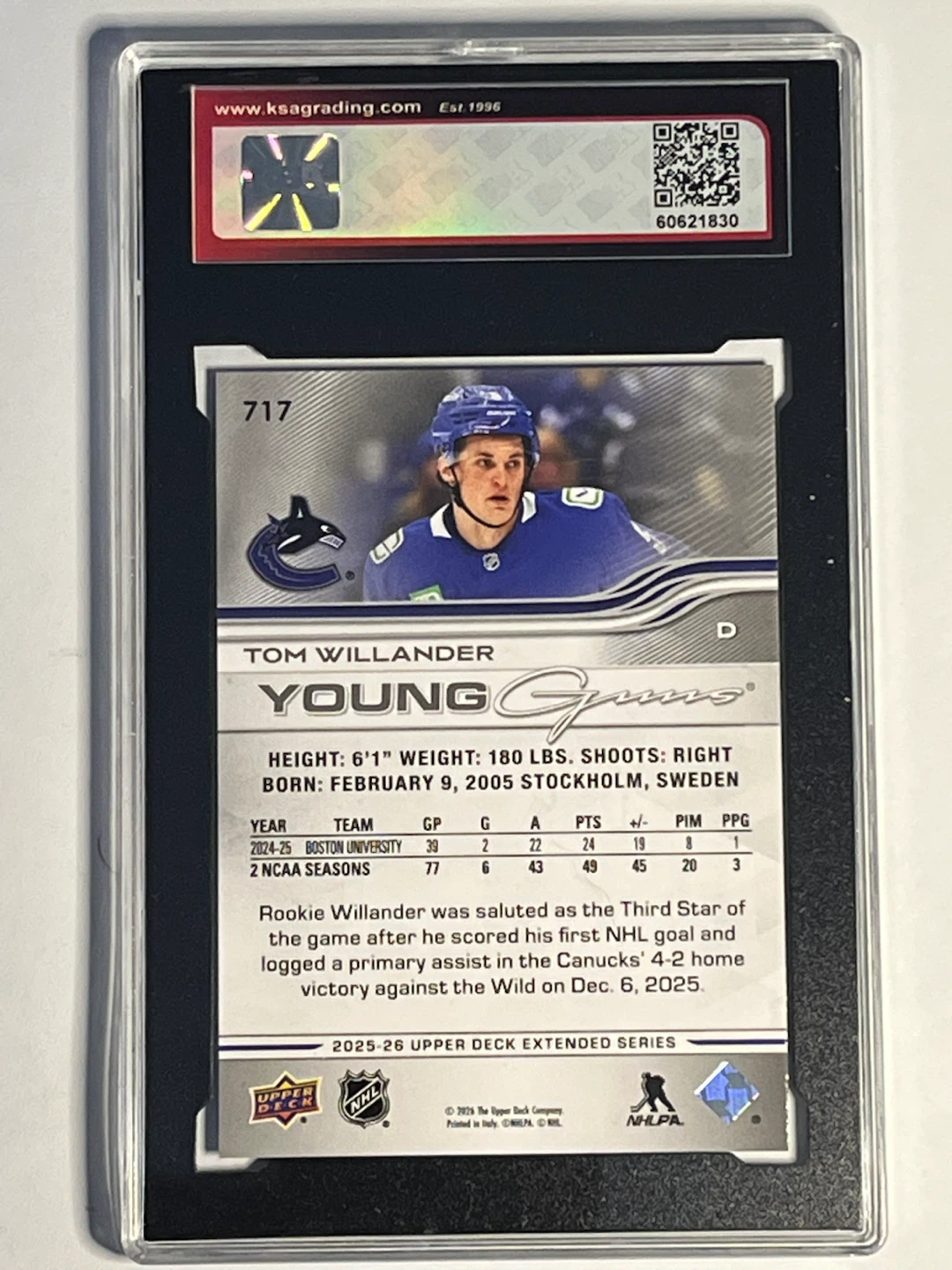 2025-26 Upper Deck Tom Willander Rookie Card #717 GEM MINT 10 - photo 2