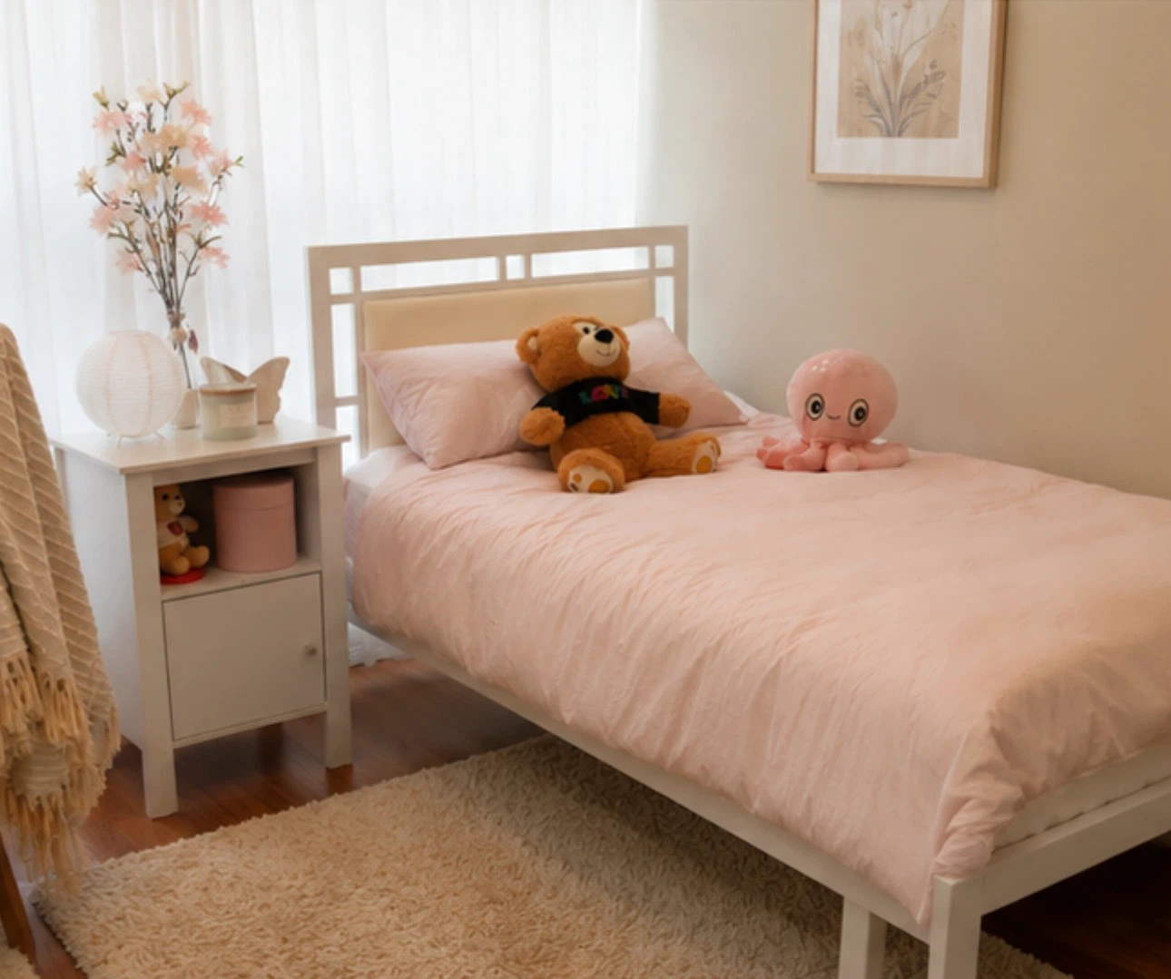 IKEA White Metal Bed with Headboard mattress and side table - photo 2
